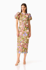 Fiora Puff Sleeve Midi Dress in Green  & Pink Floral with a round neckline, puff sleeves & floral embroidery posed shot
