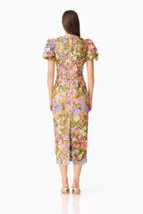 Fiora Puff Sleeve Midi Dress in Green & Pink Floral with a invisible back zipper, puff sleeves & floral embroidery back shot