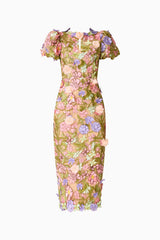 Fiora Puff Sleeve Midi Dress in Green  & Pink Floral with a round neckline, puff sleeves & floral embroidery ghost shot