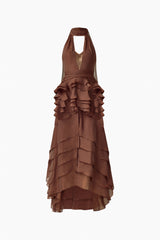 Rosera Halter Gown in Chocolate Brown ghost shot featuring collared halter neckline and tier ruffle skirt