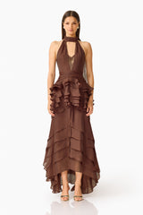 Rosera Halter Gown in Chocolate Brown front shot featuring collared halter neckline and tier ruffle skirt