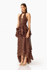 Rosera Halter Gown in Chocolate Brown side shot featuring collared halter neckline and tier ruffle skirt