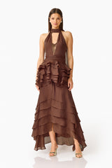 Rosera Halter Gown in Chocolate Brown posed shot featuring collared halter neckline and tier ruffle skirt