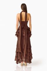 Rosera Halter Gown in Chocolate Brown back shot featuring neck sash detail and centre back zipper closure
