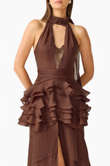 Rosera Halter Gown in Chocolate Brown close up shot featuring collared halter neckline and tier ruffle skirt