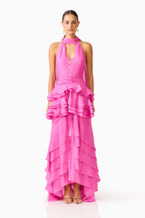 Rosera Halter Gown in Pink front shot featuring a collared halter neckline and tier ruffle skirt detail