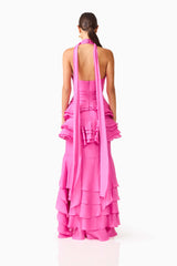 Rosera Halter Gown in Pink back shot featuring a neck sash detail and centre back zipper closure