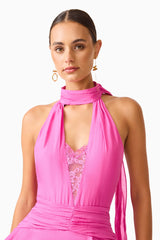 Rosera Halter Gown in Pink close up shot featuring a collared halter neckline