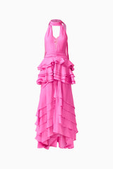 Rosera Halter Gown in Pink ghost shot featuring a collared halter neckline and tier ruffle skirt detail