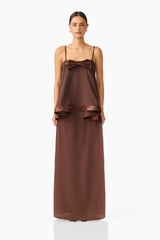 Rosera Satin Bow Maxi Dress in Chocolate Brown front shot featuring strapless neckline and ribbon bow detail