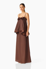 Rosera Satin Bow Maxi Dress in Chocolate Brown side shot featuring strapless neckline and ribbon bow detail