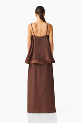 Rosera Satin Bow Maxi Dress in Chocolate Brown back shot featuring removable adjustable straps and centre back zipper closure