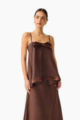 Rosera Satin Bow Maxi Dress in Chocolate Brown close up shot featuring strapless neckline and ribbon bow detail