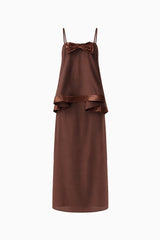 Rosera Satin Bow Maxi Dress in Chocolate Brown ghost shot featuring strapless neckline and ribbon bow detail