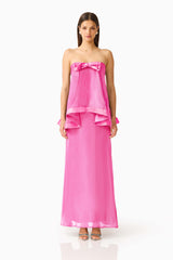 Rosera Satin Bow Maxi Dress in Pink front shot featuring a strapless neckline and ribbon bow detail
