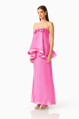 Rosera Satin Bow Maxi Dress in Pink side shot featuring a strapless neckline and ribbon bow detail