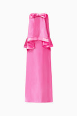 Rosera Satin Bow Maxi Dress in Pink ghost shot featuring a strapless neckline and ribbon bow detail