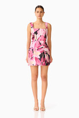 Lumiflora Square A-Line Dress in Pink Floral with printed jacquard fabrication & flap pockets front shot