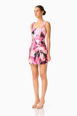 Lumiflora A-Line Mini Dress in Pink Floral with printed jacquard fabrication & flap pockets side shot