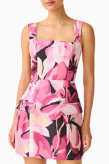 Lumiflora A-Line Mini Dress in Pink Floral with printed jacquard fabrication & flap pockets detail shot