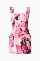 Lumiflora A-Line Mini Dress in Pink Floral with printed jacquard fabrication & flap pockets ghost shot