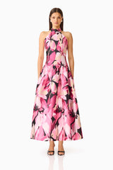 Lumiflora Halter Gown in Pink Floral front shot showing the drop-waist bodice