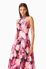 Lumiflora Halter Gown in Pink Floral side shot showing the collared halter neckline