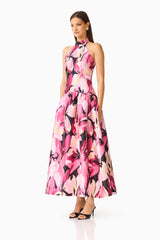 Lumiflora Halter Gown in Pink Floral posed shot showing the printed jacquard fabrication