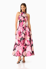 Lumiflora Halter Gown in Pink Floral posed shot showing the fit-and-flare silhouette