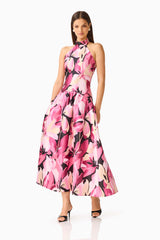 Lumiflora Halter Gown in Pink Floral posed shot showing the sleeveless design