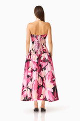 Lumiflora Halter Gown in Pink Floral back shot showing the centre back invisible zipper closure