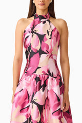 Lumiflora Halter Gown in Pink Floral closeup shot showing the pink floral