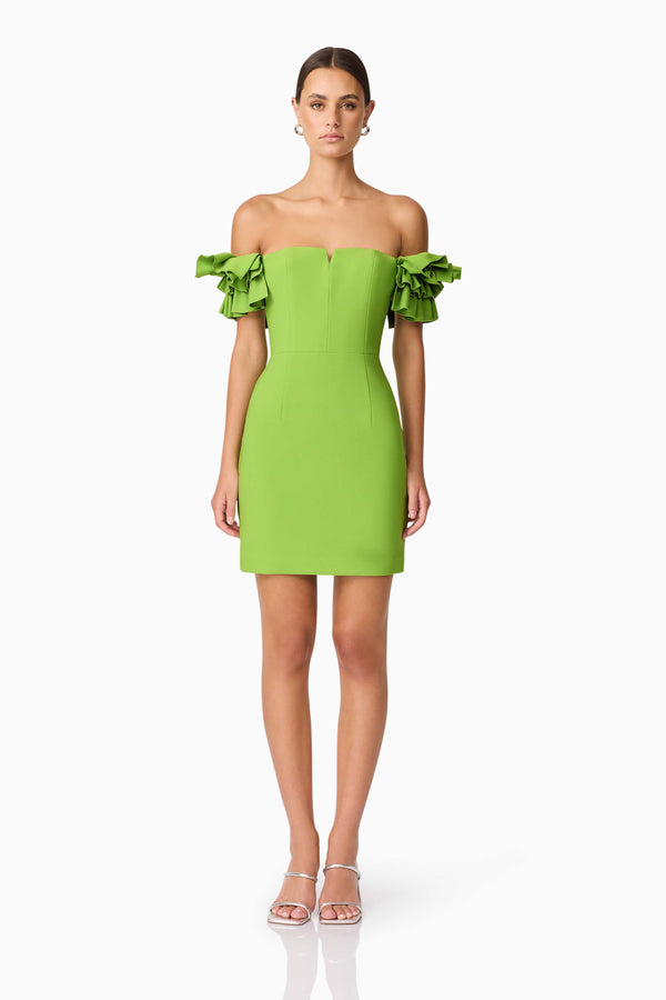 Brunette model wearing Nola Off The Shoulder Mini Dress in Green front shot