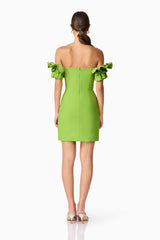 Brunette model wearing Nola Off The Shoulder Mini Dress in Green back shot