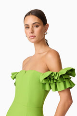 Brunette model wearing Nola Off The Shoulder Mini Dress in Green close up detail shot