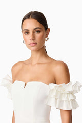 Brunette model wearing Nola Off The Shoulder Mini Dress in White close up detail shot 