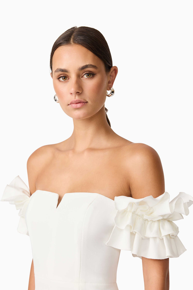Brunette model wearing Nola Off The Shoulder Mini Dress in White close up detail shot 