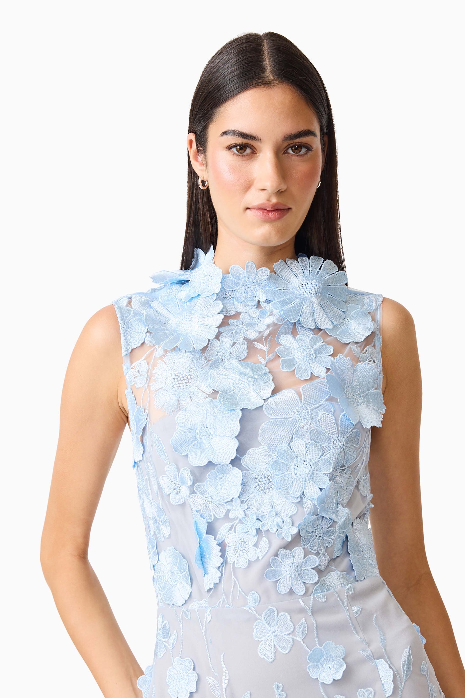 selene maxi tiered 3d dress in blue Elliatt Selene Strapless 3D Floral Lace Tiered Maxi Dress