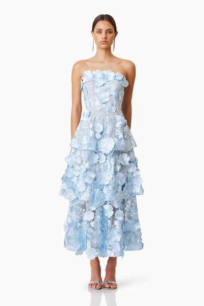 Selene Maxi Tiered 3D Dress In Blue Elliatt Selene Maxi Tiered 3D Dress In Blue Elliatt