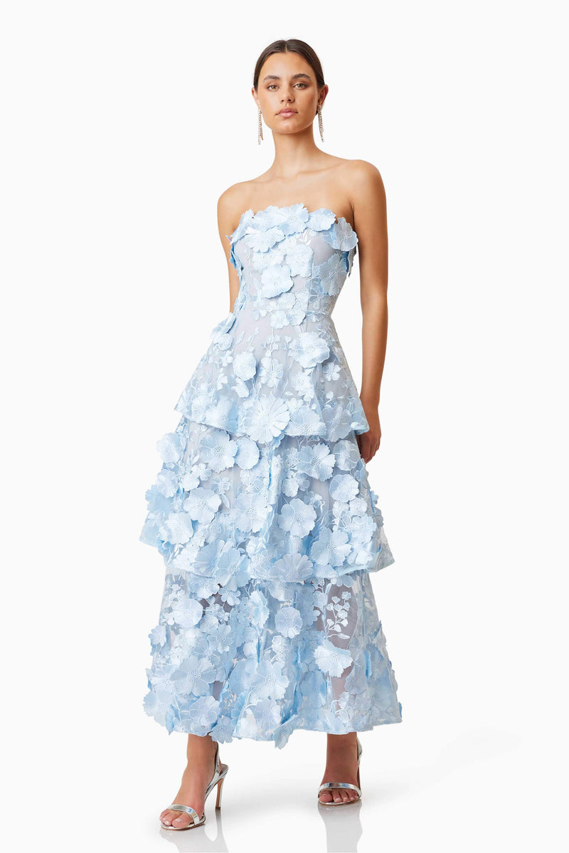Selene Maxi Tiered 3D Dress In Blue Elliatt Selene Maxi Tiered 3D Dress In Blue Elliatt