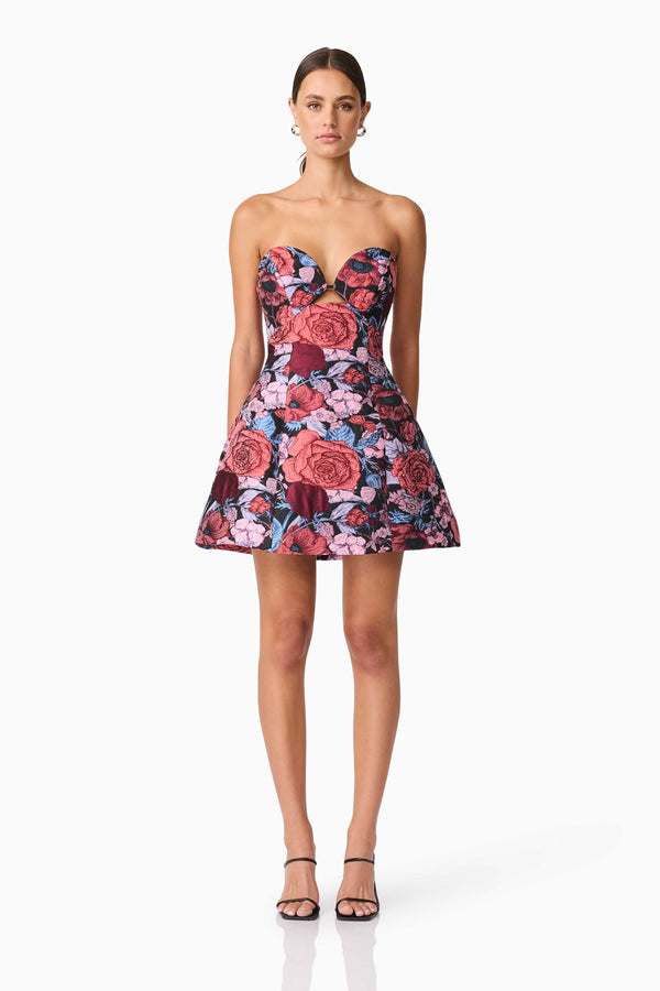 Brunette model wearing Delphine Tulip Mini Dress in Pink & Black Floral front shot