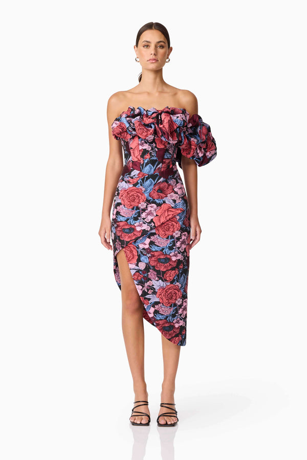 Brunette model wearing Delphine Off The Shoulder Midi Dress in Pink & Back Floral front shot