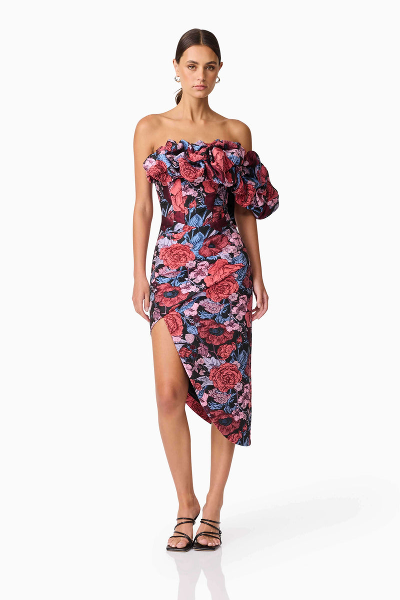 Brunette model wearing Delphine Off The Shoulder Midi Dress in Pink & Back Floral posed shot