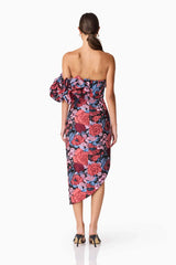 Brunette model wearing Delphine Off The Shoulder Midi Dress in Pink & Back Floral back shot