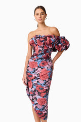 Brunette model wearing Delphine Off The Shoulder Midi Dress in Pink & Back Floral close up shot