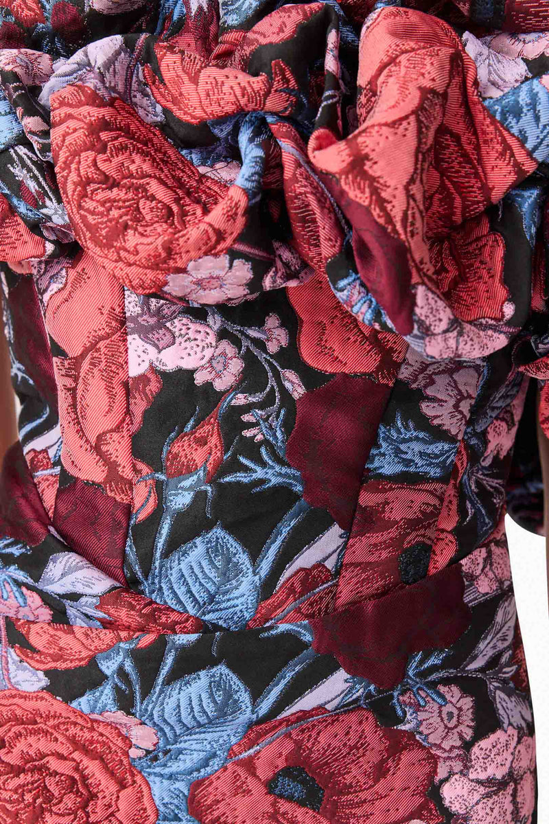 Brunette model wearing Delphine Off The Shoulder Midi Dress in Pink & Back Floral detail shot