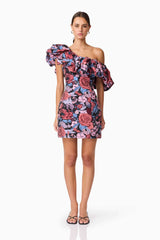 Brunette model wearing Delphine One Shoulder Mini Dress in Pink & Black Floral front shot