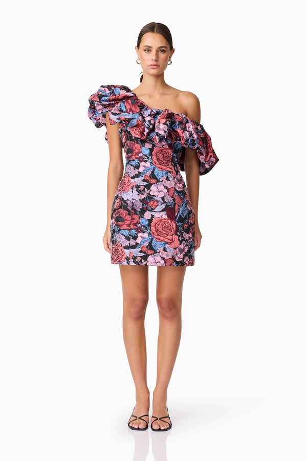 Brunette model wearing Delphine One Shoulder Mini Dress in Pink & Black Floral front shot
