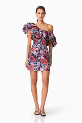 Brunette model wearing Delphine One Shoulder Mini Dress in Pink & Black Floral posed shot
