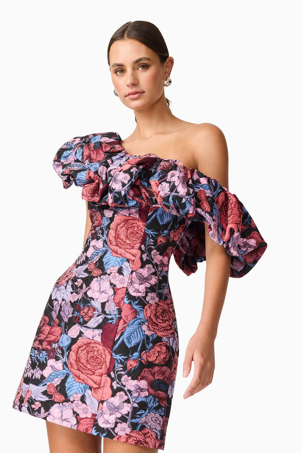 Brunette model wearing Delphine One Shoulder Mini Dress in Pink & Black Floral close up shot